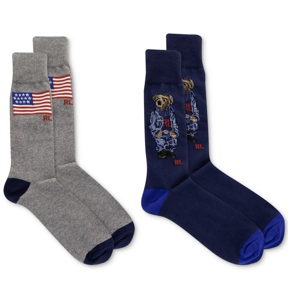 2 Polo Ralph Lauren Logo Mens Denim Bear Blue Grey American Socks Sz 10-13